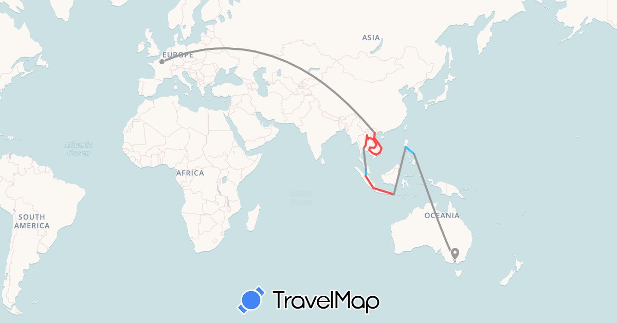 TravelMap itinerary: driving, plane, hiking, boat in Australia, France, Indonesia, Cambodia, Laos, Malaysia, Philippines, Thailand, Vietnam (Asia, Europe, Oceania)